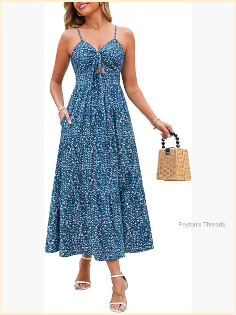 High Waist Tie Front Spaghetti Strap Floral Maxi Sundress with Pockets
